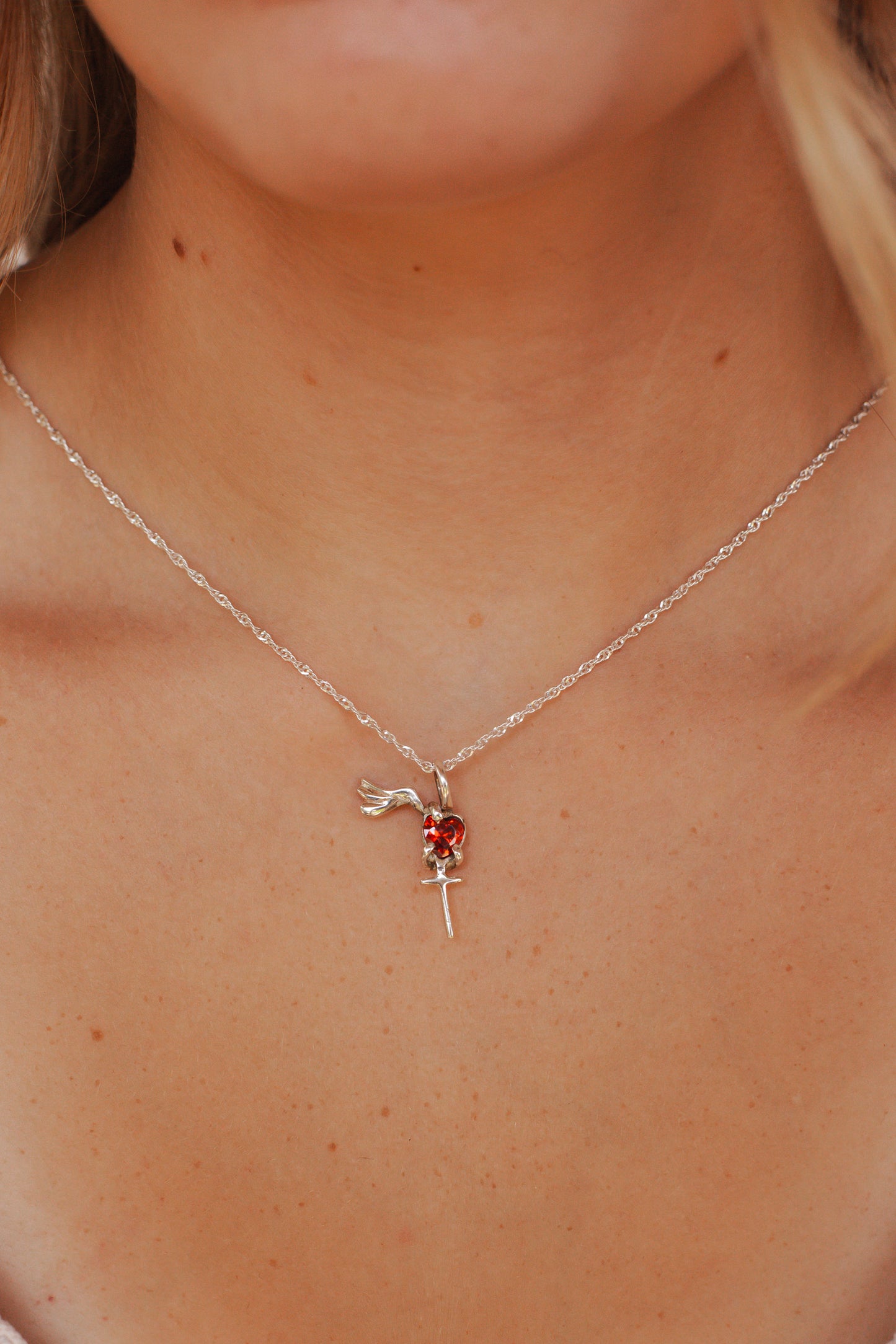 Heart-Shaped Garnet & Silver Cross Dove Pendant
