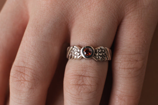 Sterling Silver Angel Wing Ring with Garnet Gemstone