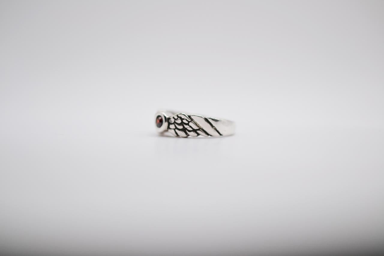 Sterling Silver Angel Wing Ring with Garnet Gemstone