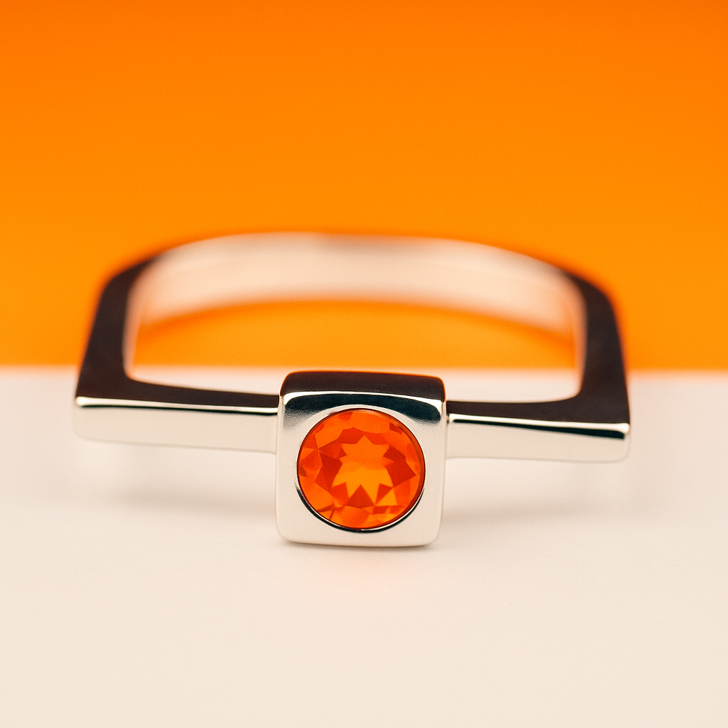 Sterling Silver Square Band Ring with Mexican Fire Opal – Vols Inspired