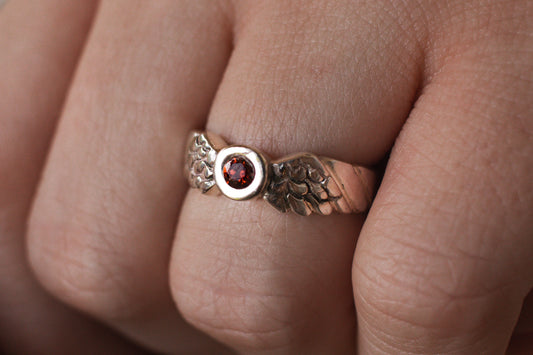 Sterling Silver Angel Wing Ring with Garnet Gemstone