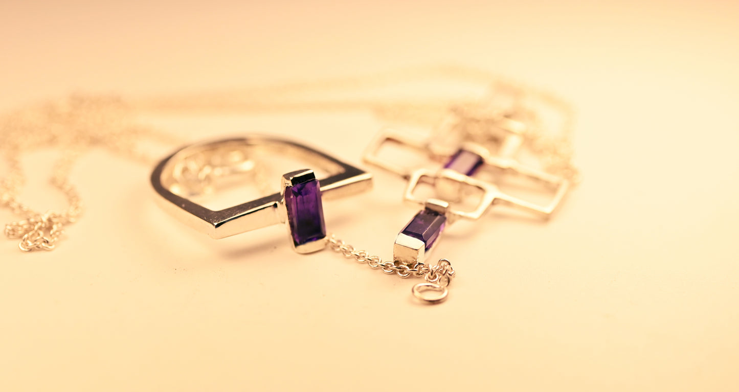 Amethyst Puzzle Cross Necklace & Matching Ring – Divine Unity Set
