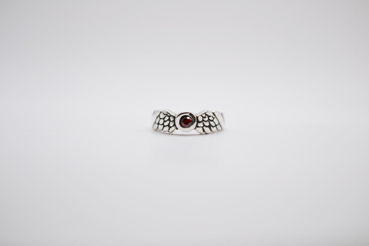 Sterling Silver Angel Wing Ring with Garnet Gemstone